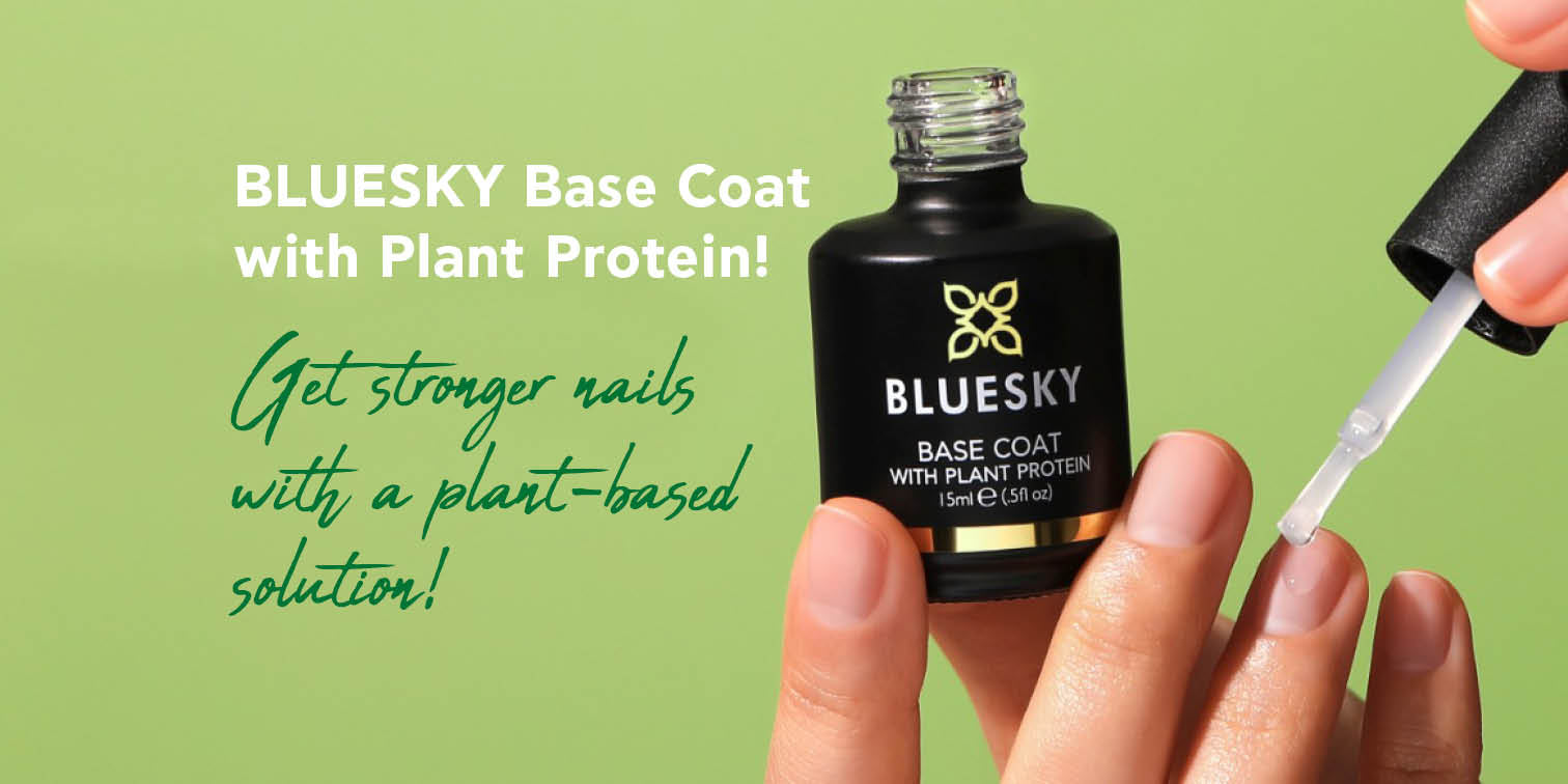 Get stronger nails with a plant-based solution: <br> BLUESKY Base Coat with Plant Protein!